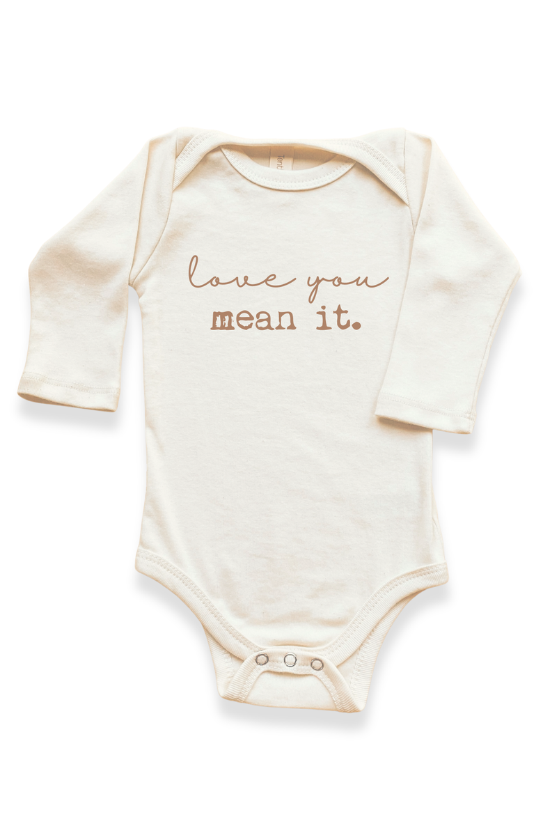 Tenth & Pine Love You Mean It - Organic Long Sleeve Baby Bodysuit, Main, color, Natural Clay Lettering