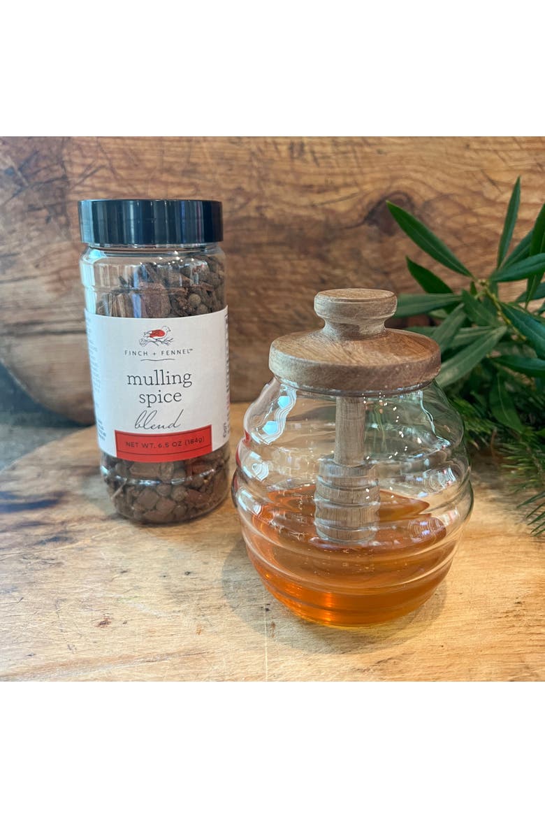 4 Inches Round 14-Ounce Glass Honey Jar with Acacia Wood Lid and Attached Honey Dipper for Kitchen, Natural, Alternate, color, Natural
