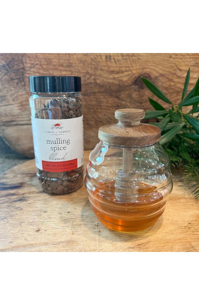 Storied Home 4 Inches Round 14-Ounce Glass Honey Jar with Acacia Wood Lid and Attached Honey Dipper for Kitchen, Natural, Alternate, color, Natural