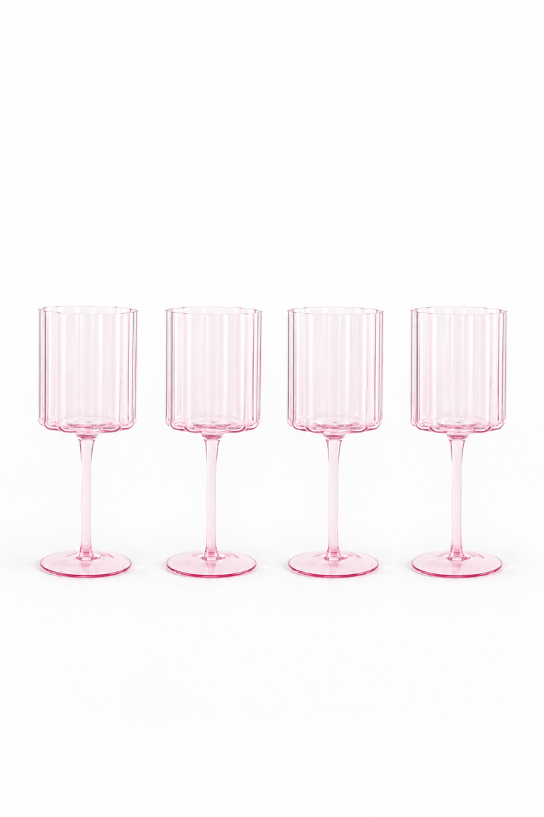 Scalloped Rim Fluted Wine Glass, Set of 4, 12oz, Blush Pink, Main, color, pink