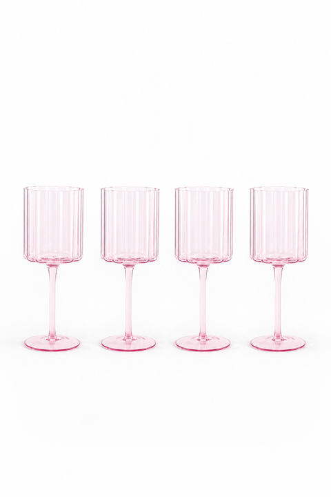 Scalloped Rim Fluted Wine Glass, Set of 4, 12oz, Blush Pink