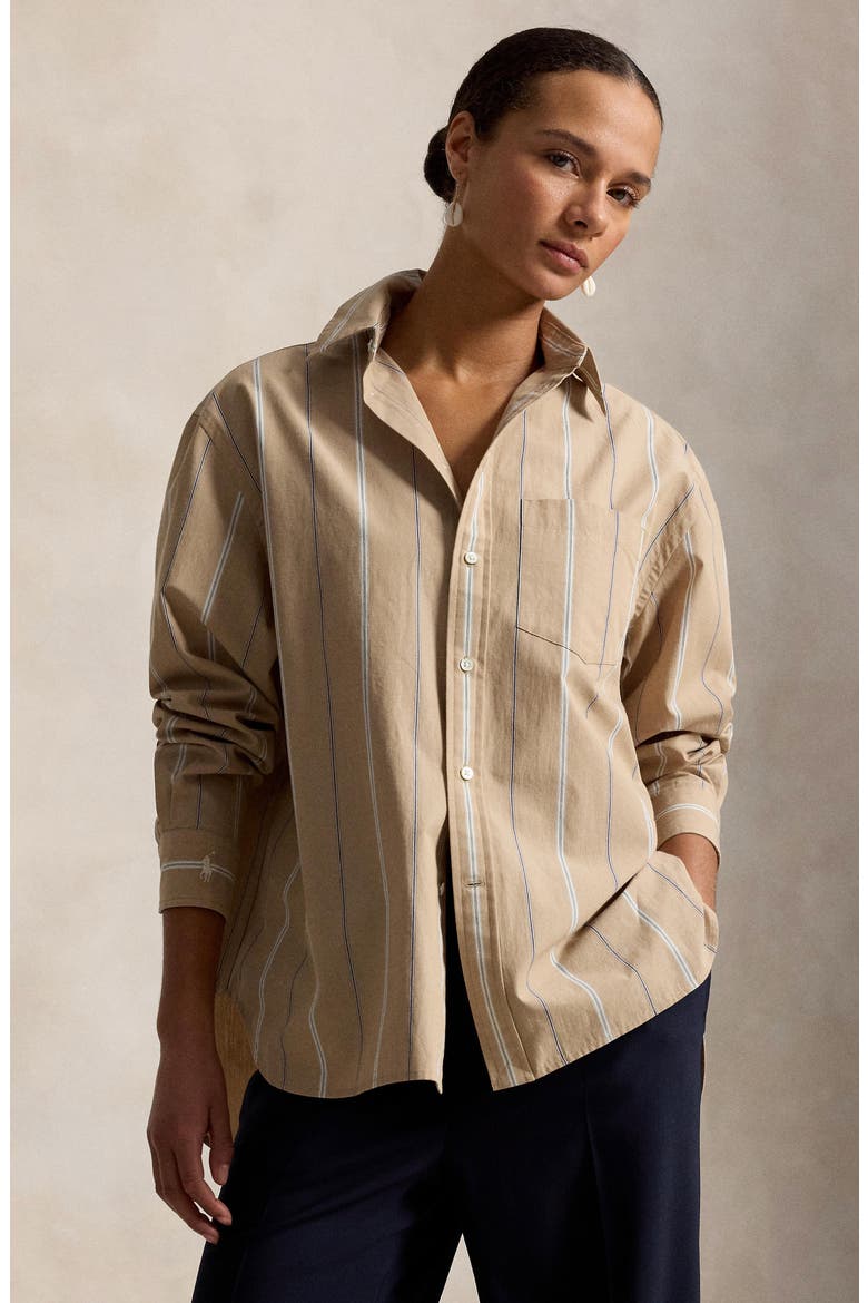 Oversize Fit Stripe Cotton Button-Up Shirt, Alternate, color, TAN/ CREAM
