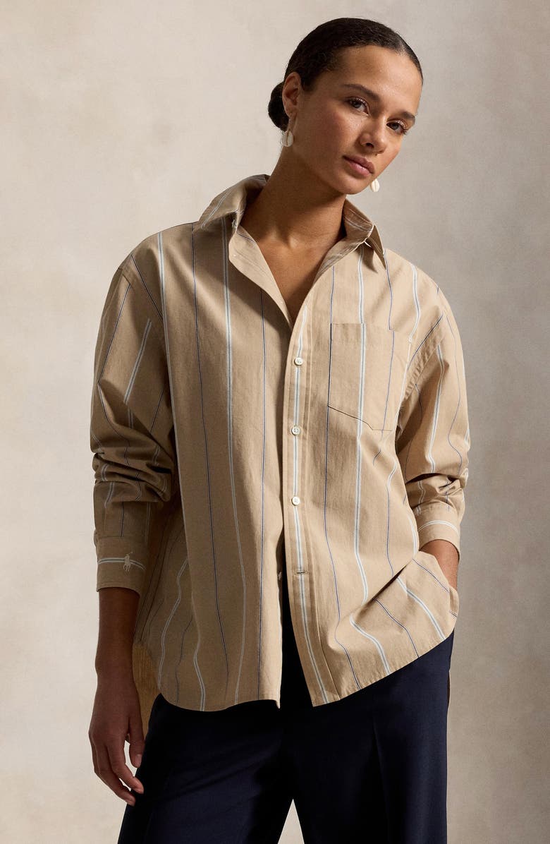 Polo Ralph Lauren Oversize Fit Stripe Cotton Button-Up Shirt, Alternate, color, Tan/ Cream