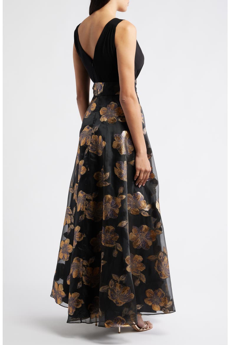Floral Metallic Sleeveless Mixed Media Ballgown, Alternate, color, BLACK GOLD