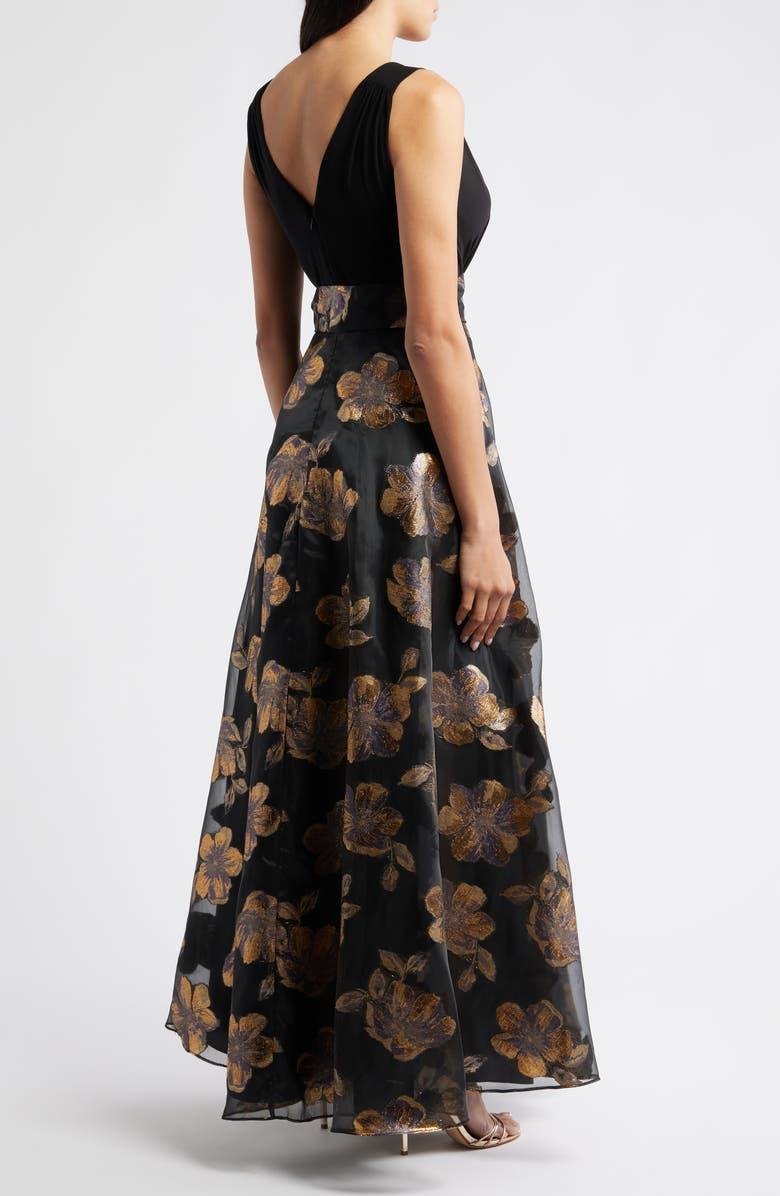 Eliza J Floral Metallic Sleeveless Mixed Media Ballgown, Alternate, color, Black Gold