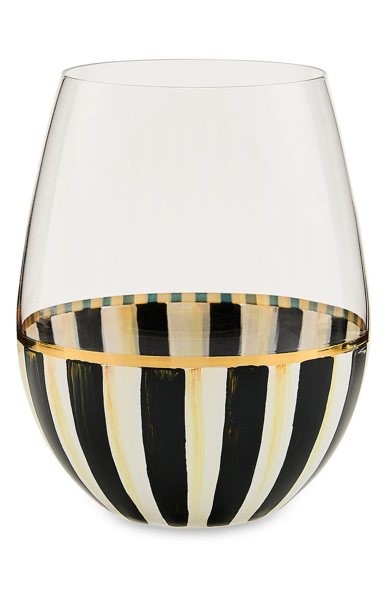 MACKENZIE CHILDS Courtly Stripe Stemless Wine Glass, Main, color, Black