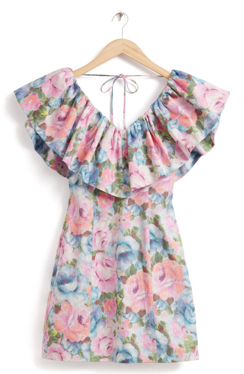 & Other Stories Floral Print Ruffle Minidress, Alternate, color, Turquoise