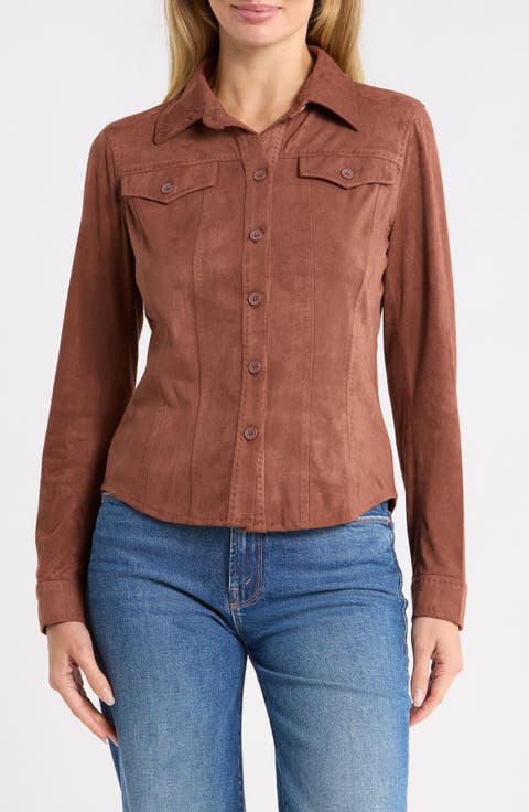 Faux Suede Button Front Shirt