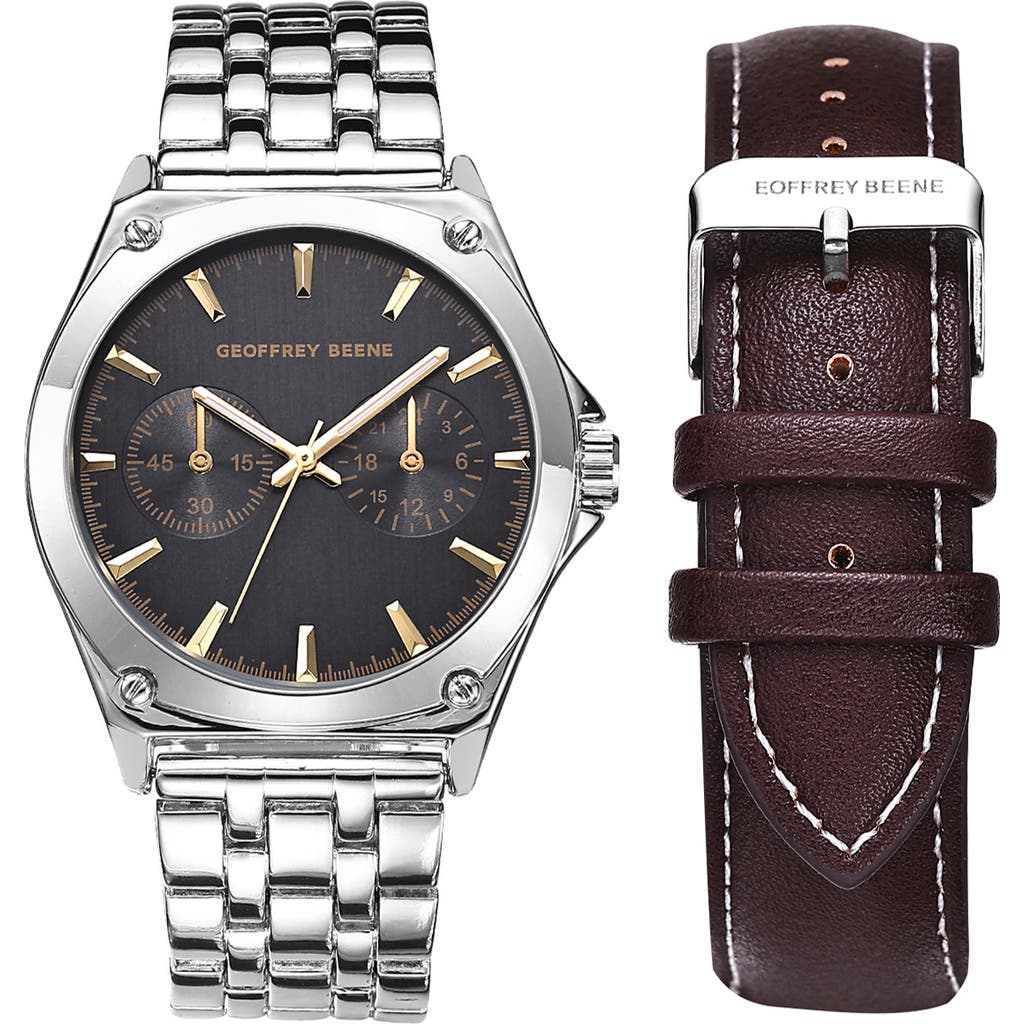 Geoffrey Beene Ez Change Bracelet Strap & Leather Strap Multifunction Watch, 41mm In Silver
