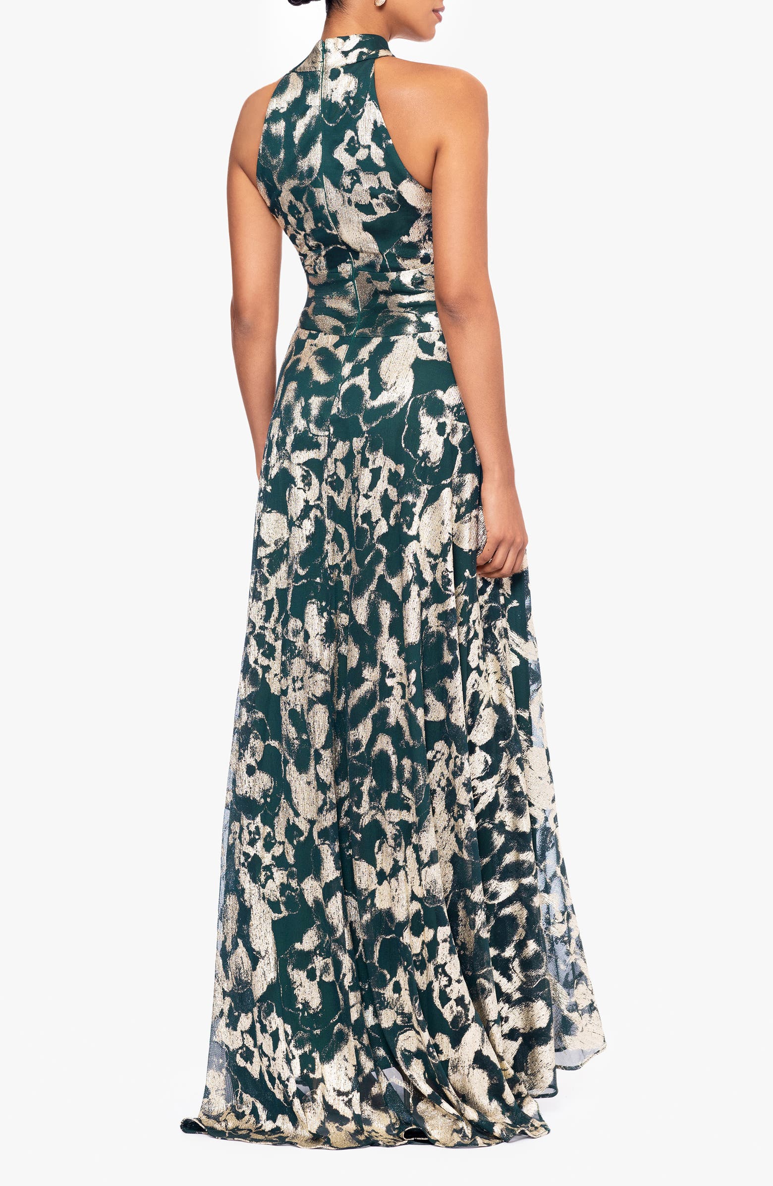 Betsy & Adam Metallic Floral High Neck Sleeveless Gown | Nordstrom