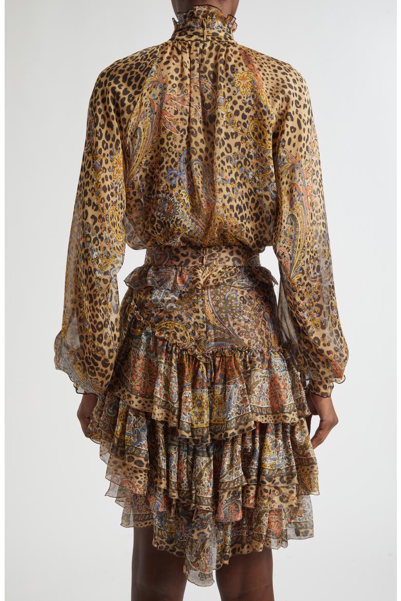 Paisley Leopard Spot Tie Neck Silk Shirt, Alternate, color, DARK BROWN