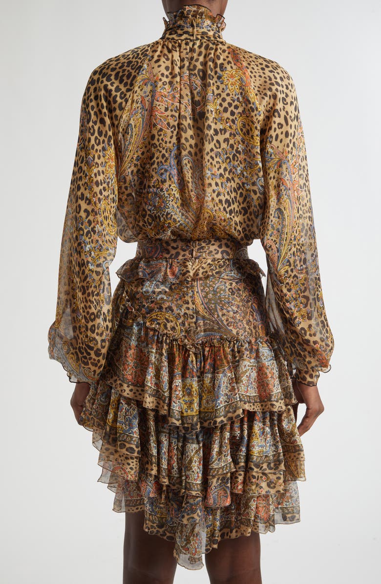 Etro Paisley Leopard Spot Tie Neck Silk Shirt, Alternate, color, Dark Brown