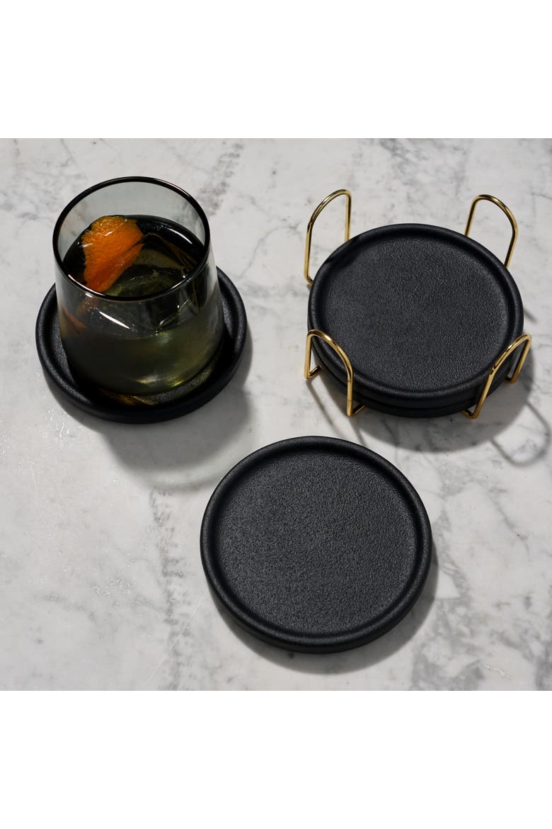 Earthenware Coasters with Stand Set of 4, Alternate, color, Black