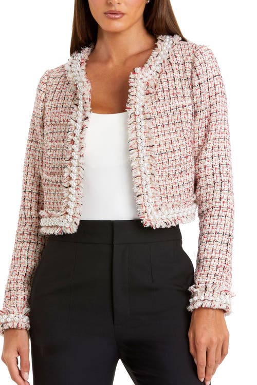 Mac Duggal Pearl Trim Long Sleeve Cropped Jacket In Red