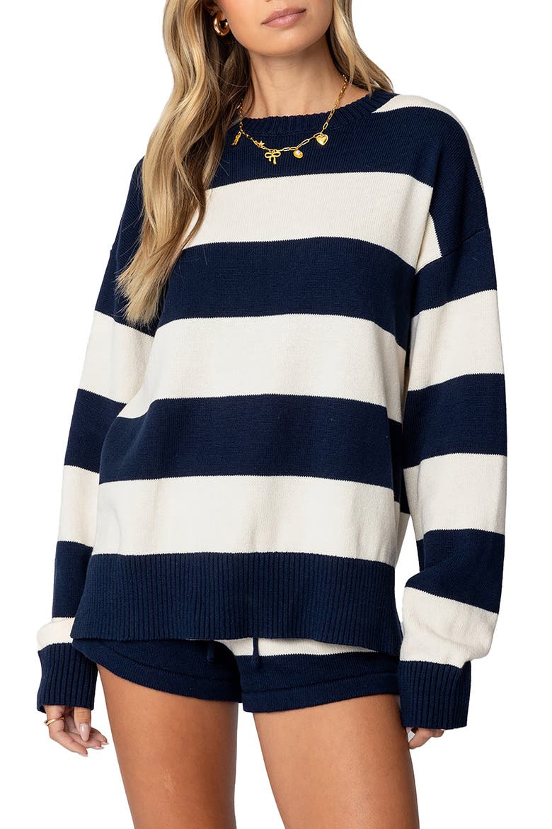 Riley Oversize Stripe Cotton Sweater, Main, color, NAVY-AND-CREAM