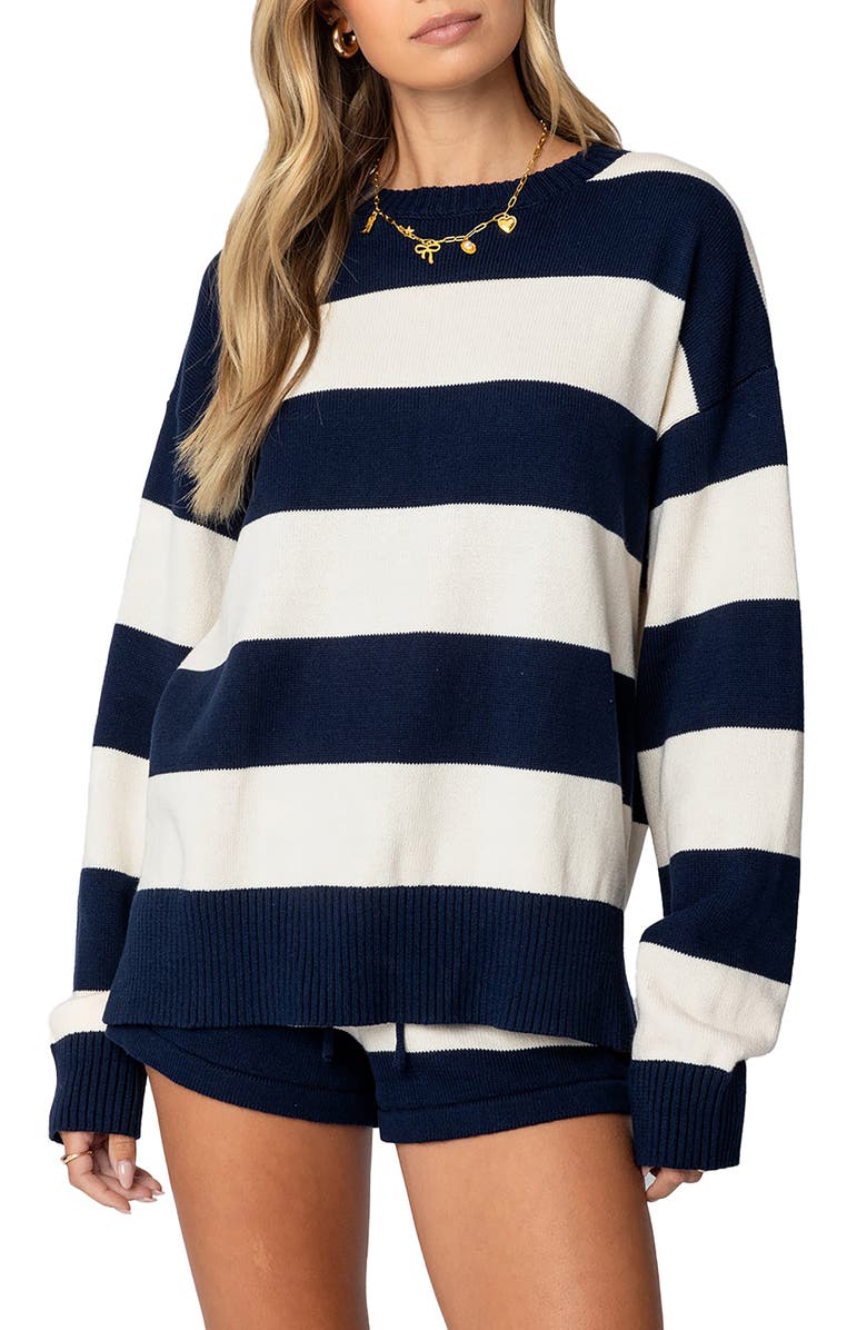 EDIKTED Riley Oversize Stripe Cotton Sweater, Main, color, Navy-And-Cream