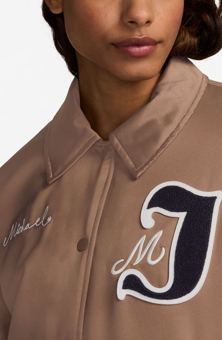 Jordan Chenille Patch Satin Varsity Bomber Jacket, Alternate, color, Archaeo Brown/ Light Brown
