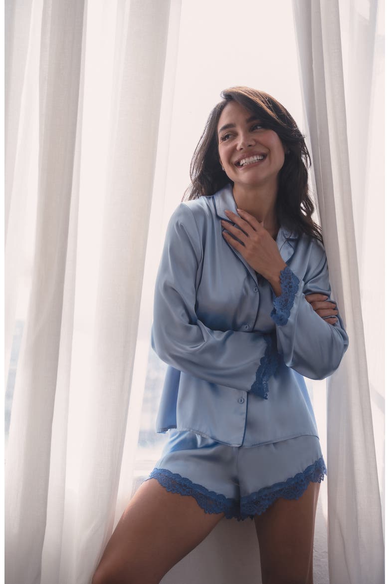Felicity Lace Trim Long Sleeve Satin Shorts Pajamas, Alternate, color, CHAMBRAY