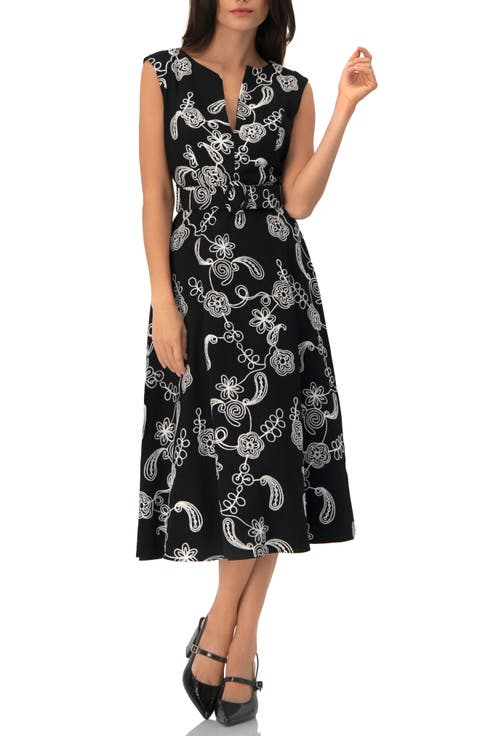 Embroidered Belted Midi Dress