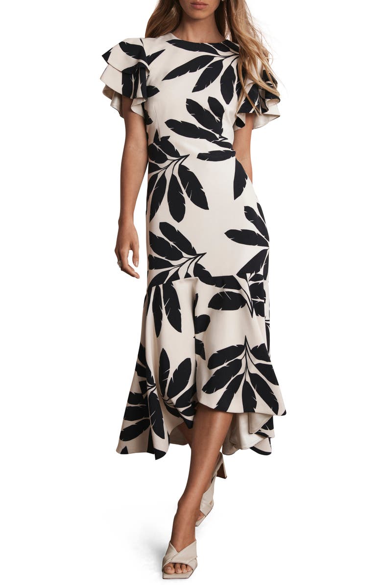 MINT VELVET Neutral Palm Print Midi Dress, Main, color, 