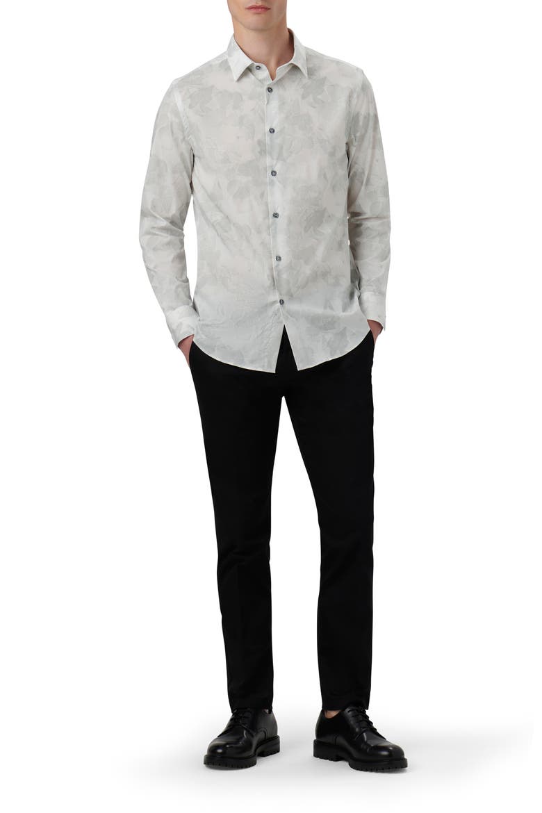 Julian Shaped Fit Leaf Print Stretch Cotton Button-Up Shirt, Alternate, color, CHALK