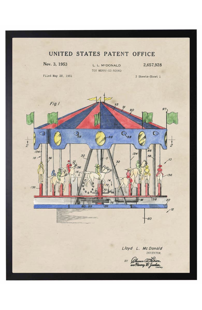 Antique Curiosities Toy Merry Go Round Patent in Black Frame, Main, color, NO COLOR