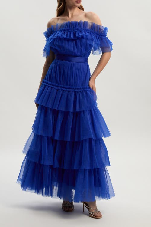 Karen Millen Tulle Off Shoulder Maxi Dress In Blue