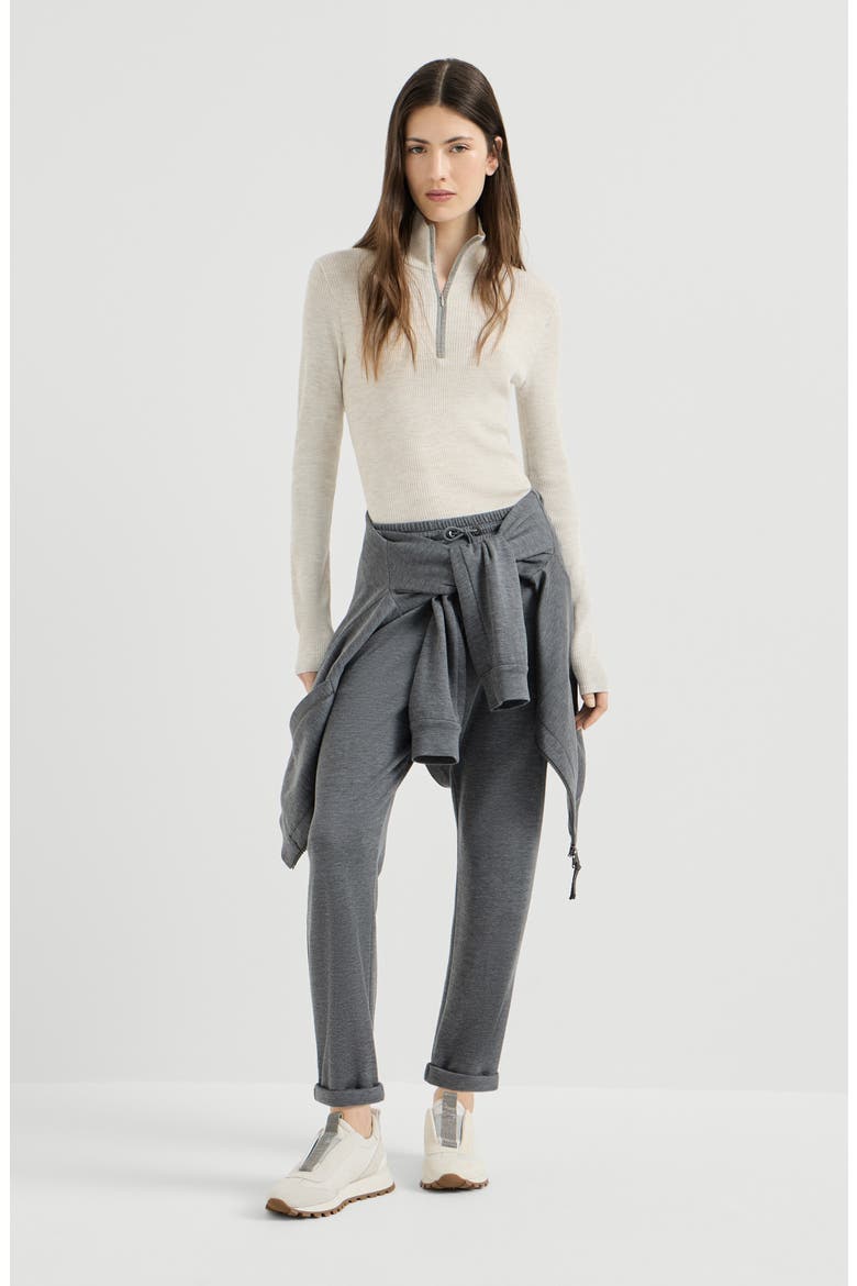 Virgin wool and cashmere lightweight ribbed turtleneck sweater with precious half zip, Alternate, color, Pearl Grey