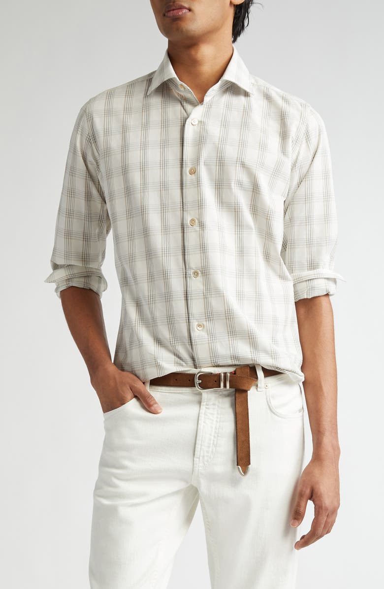 Eleventy Dandy Plaid Cotton & Linen Button-Up Shirt, Main, color, Light Melange Grey