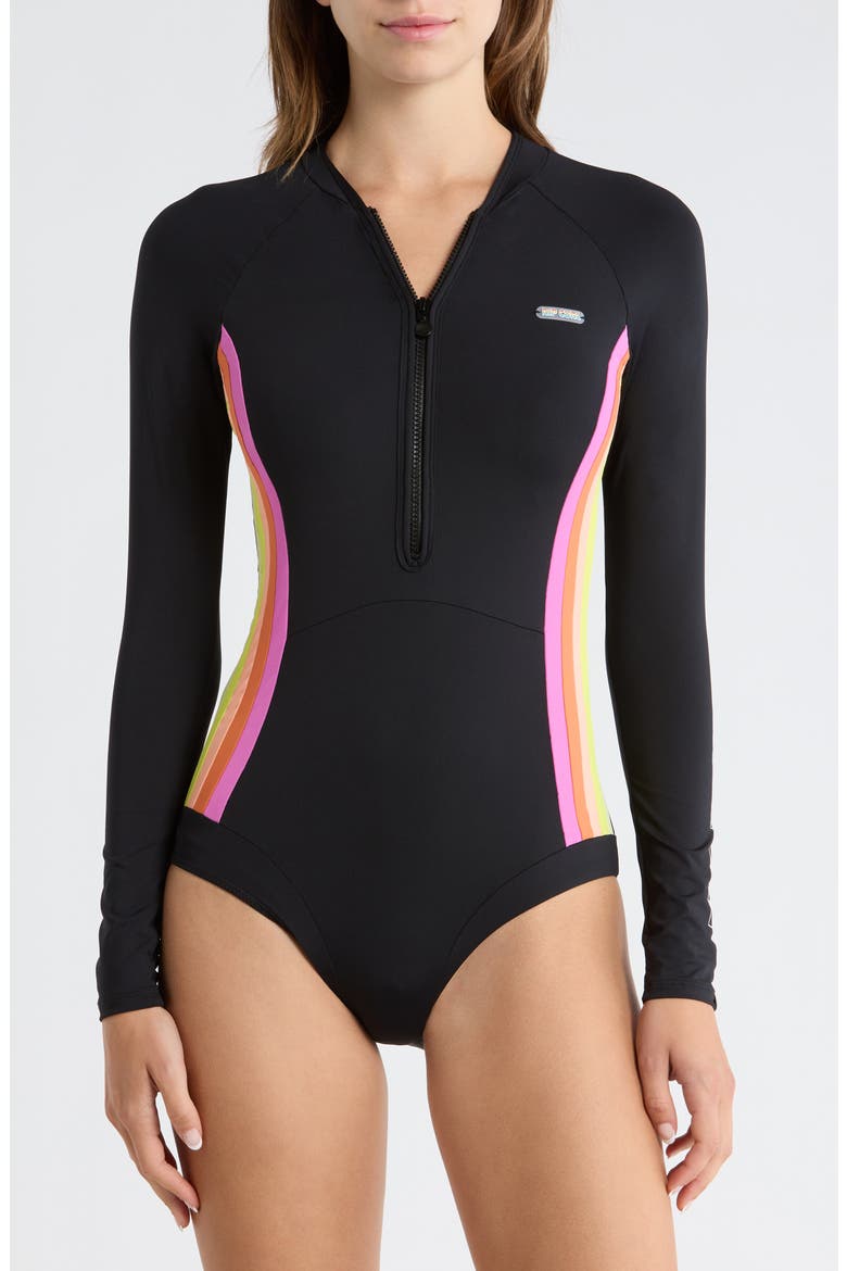 Surf Stripe Long Sleeve UPF 50+ One-Piece Rashguard Swimsuit, Main, color, BLACK