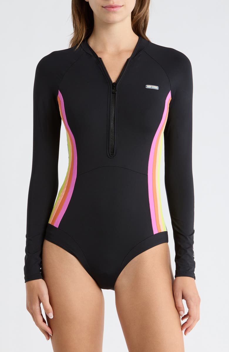Rip Curl Surf Stripe Long Sleeve UPF 50+ One-Piece Rashguard Swimsuit, Main, color, Black