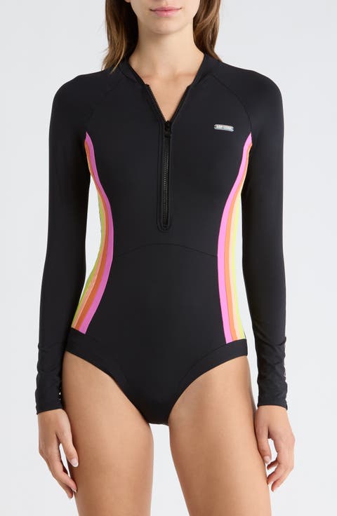 Surf Stripe Long Sleeve UPF 50+ One-Piece Rashguard Swimsuit
