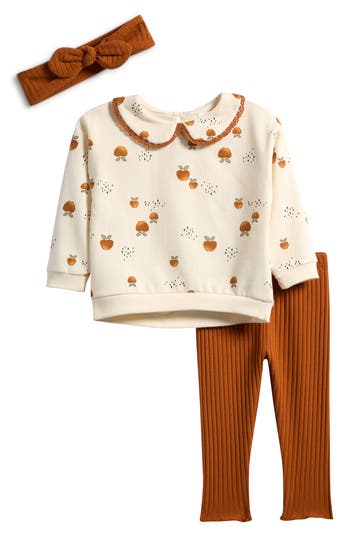 Pl Baby By Petit Lem Peter Pan Collar Top, Leggings & Headband Set In Neutral