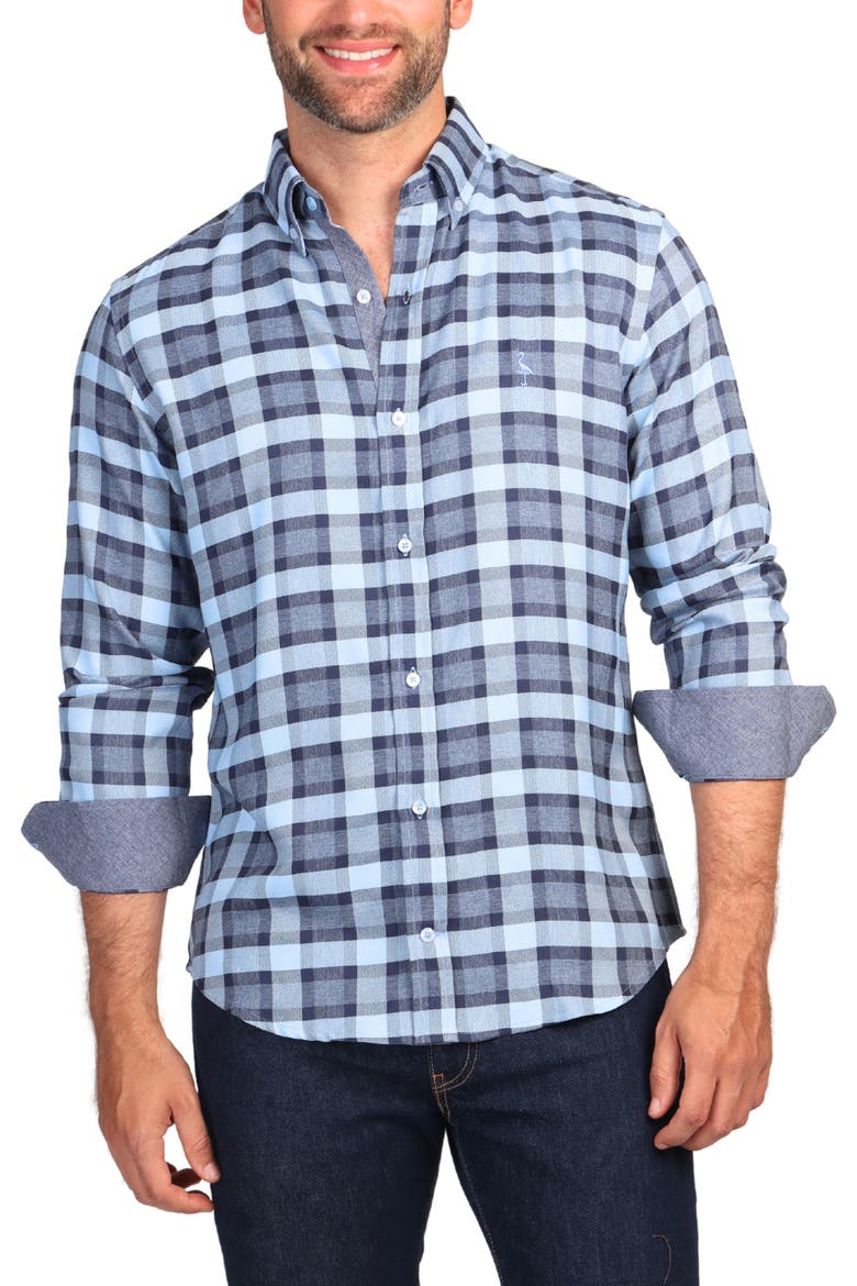 Modern Fit Melange Plaid Performance Button-Down Shirt, Alternate, color, BLUE