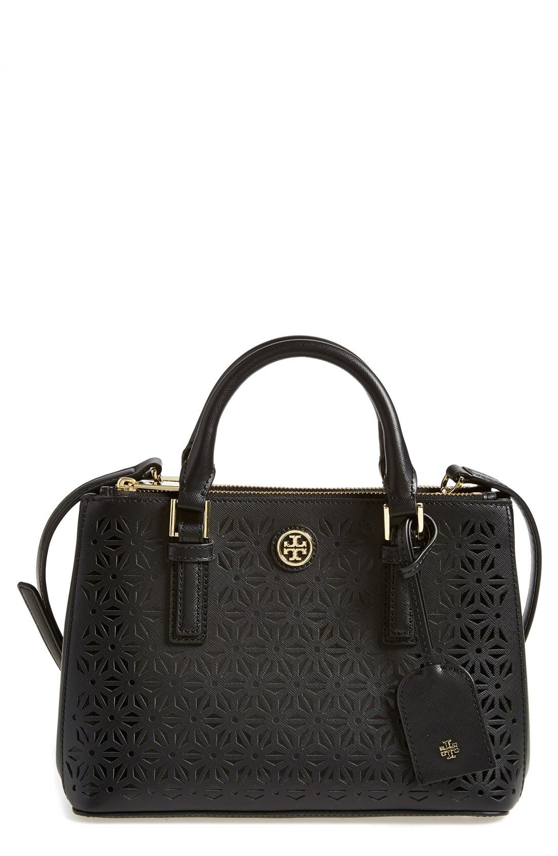 'Robinson - Micro' Perforated Leather Double Zip Tote, Main, color, BLACK