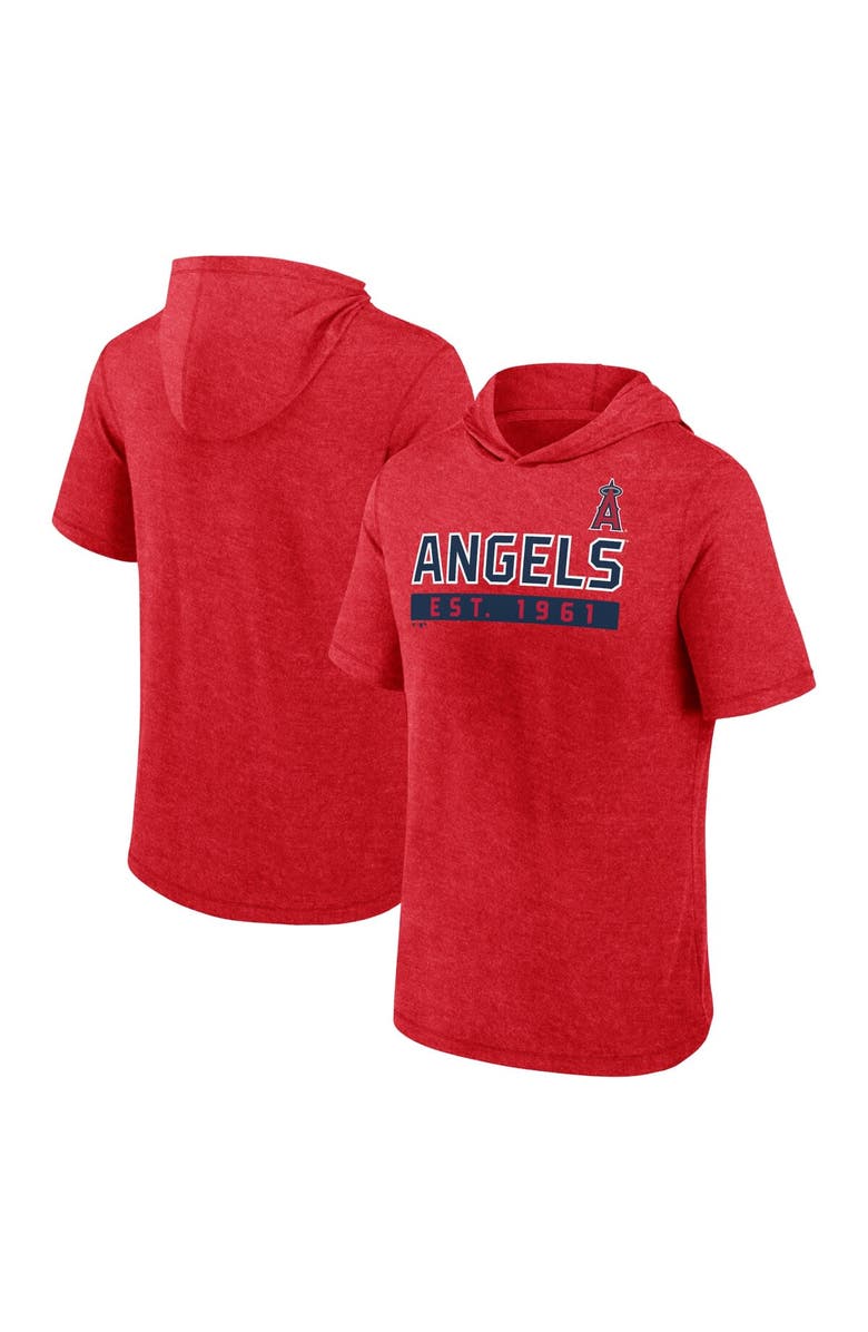 FANATICS Men's Fanatics Heather Red Los Angeles Angels Push Short Sleeve Pullover Hoodie, Main, color,