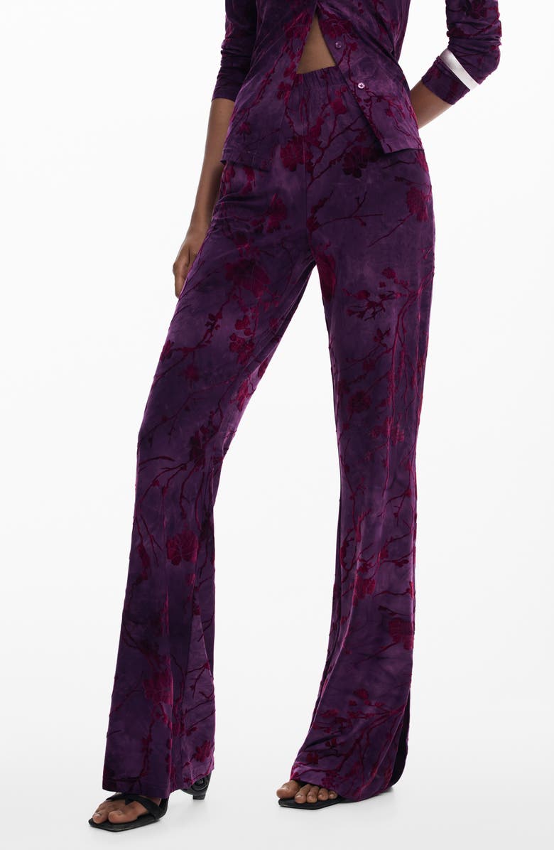 Desigual Floral Burnout Flare Pants, Main, color, Medium Purple