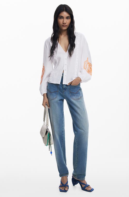Desigual Embroidered Hammered Satin Top In White