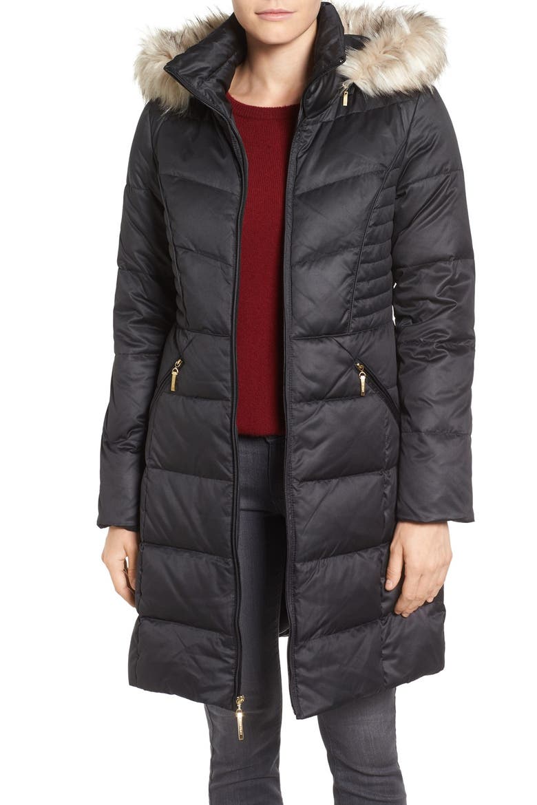 Faux Fur Trim Matte Satin Down Coat, Main, color, BLACK