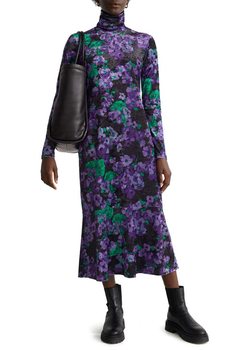 Floral Long Sleeve Crushed Velvet Turtleneck Midi Dress, Alternate, color, PURPLE FLOWER VELVET