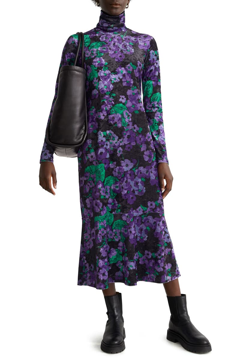 & Other Stories Floral Long Sleeve Crushed Velvet Turtleneck Midi Dress, Alternate, color, 
