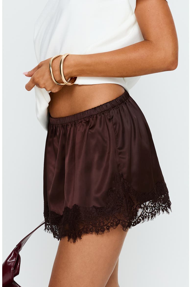 Orlynn Satin Lace Trimmed Shorts, Alternate, color, BROWN