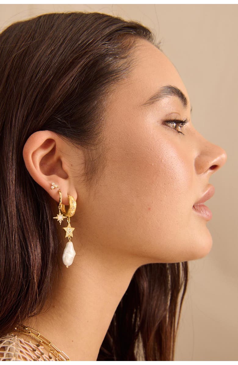 Murkani Cosmic Love Long Star Earring With Pearl, Alternate, color, Yellow Gold