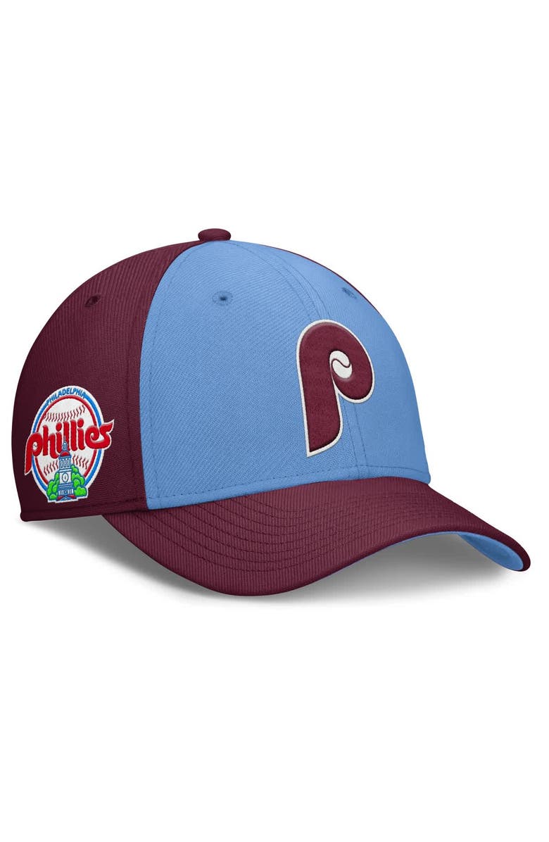 Nike Men's Nike Burgundy/Light Blue Philadelphia Phillies Rise Swoosh Performance Flex Hat, Main, color, 