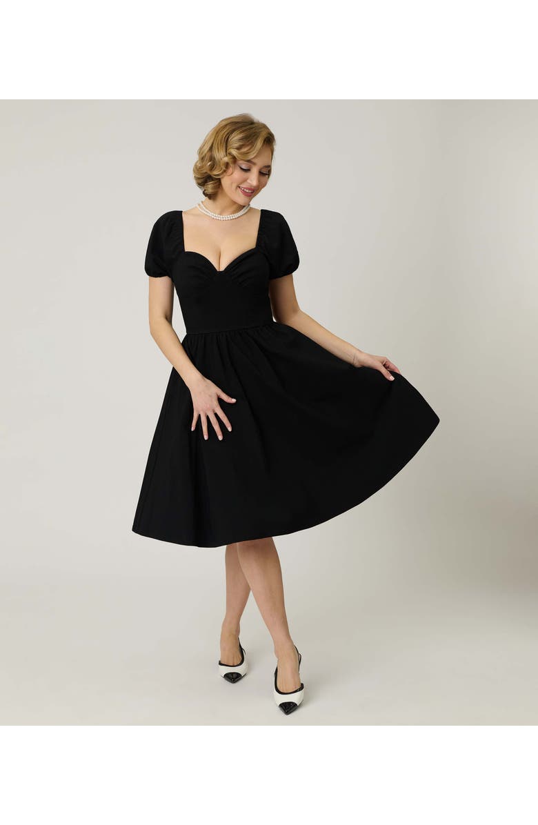 Unique Vintage Sweetheart Puff Sleeve Swing Dress, Main, color, Solid Black