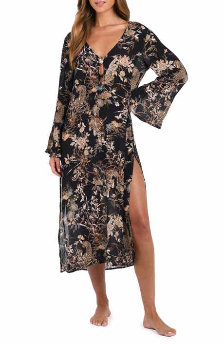 L'AGENCE Sara Jungle Long Sleeve Sheer Crepe Cover-Up Dress