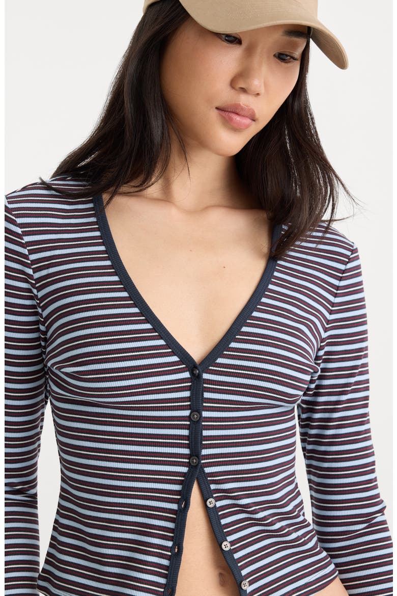 The Rib V-Neck Striped Cardigan, Alternate, color, IVY STRIPE