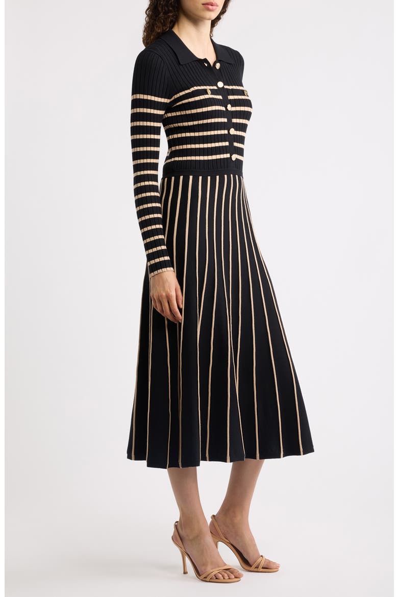 The Elodie Long Sleeve Rib Maxi Dress, Alternate, color, NOIR/ VICUNA STRIPE