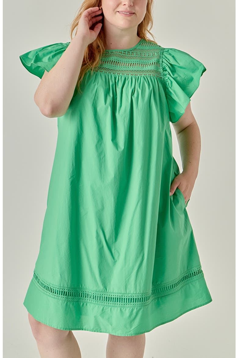 Lace Yoke Ruffle Sleeve Minidress, Alternate, color, GREEN