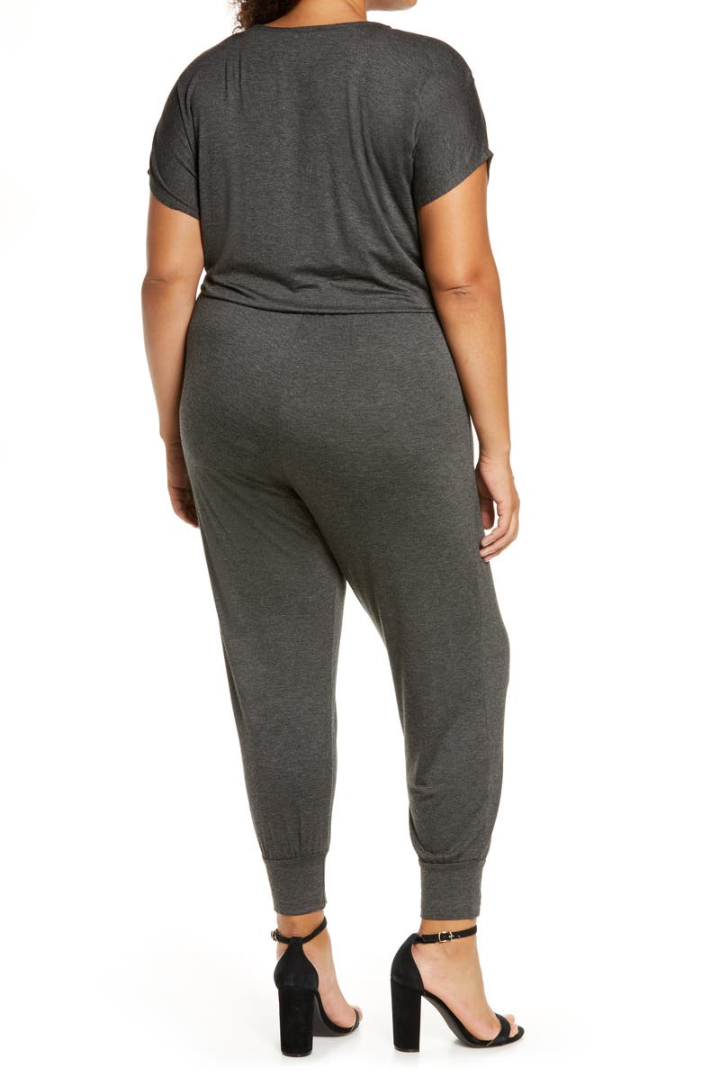 Loveappella Short Sleeve Wrap Top Jumpsuit, Alternate, color, Charcoal